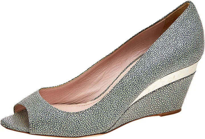 Miu Miu Grey Leather Peep Toe Wedge Pumps Size 36