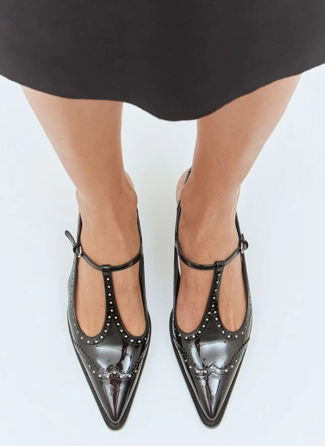 Miu Miu Leather Brogue Slingback T-strap Pumps - Woman Heels Black Eu - 39 - Image 3