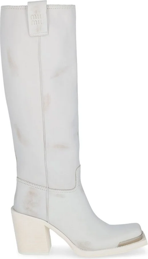 Miu Miu Logo Engraved Block Heeled Boots