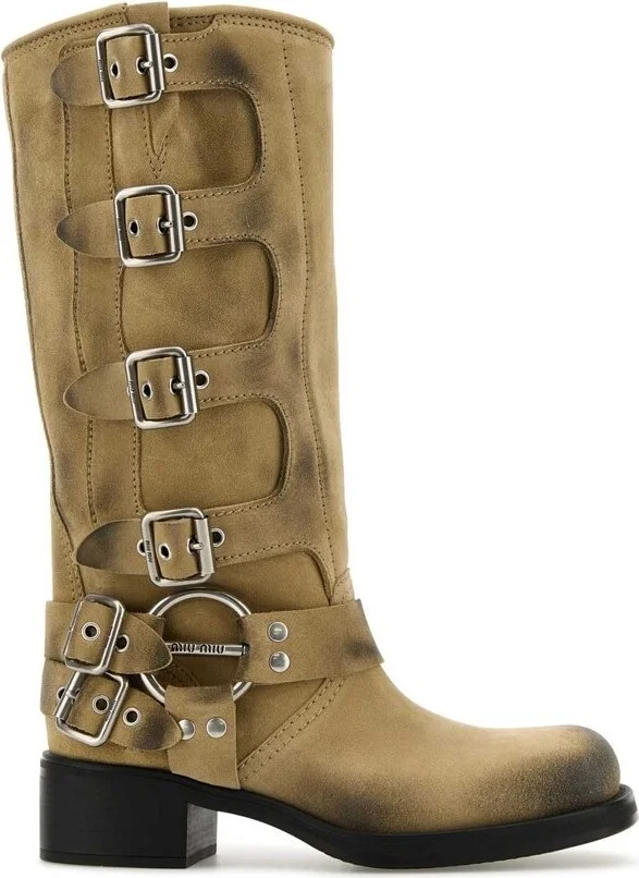 Miu Miu Logo-Engraved Buckle-Detailed Block-Heeled Boots