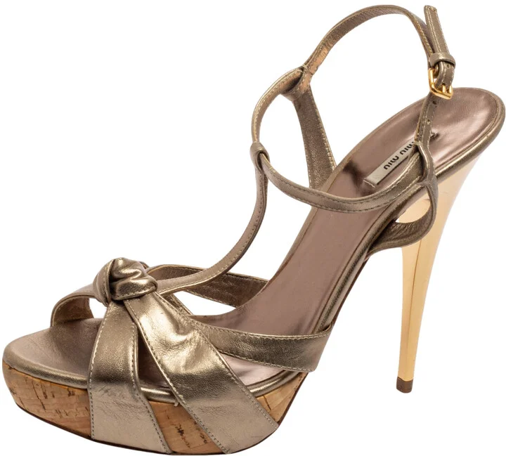 Miu Miu Metallic Bronze Leather Bow Ankle Strap Platform Sandals Size 38.5