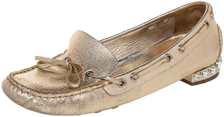 Miu Miu Metallic Gold Crystal Embellished Slip on Loafers Size 36.5