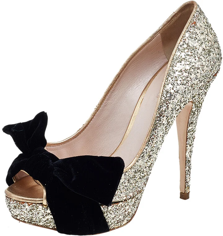 Miu Miu Metallic Gold Glitter Leather And Velvet Bow Peep Toe Pumps Size 38