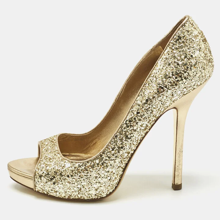 Miu Miu Metallic Gold Glitter Peep Toe Platform Pumps Size 39