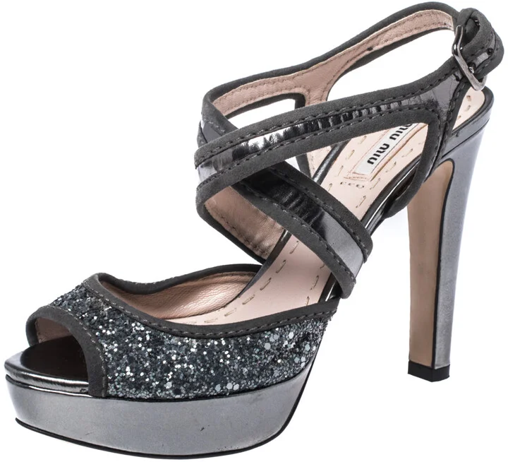 Miu Miu Metallic Grey Glitter And Suede Leather Trim Cross Strap Peep Toe Platform Sandals Size 37.5