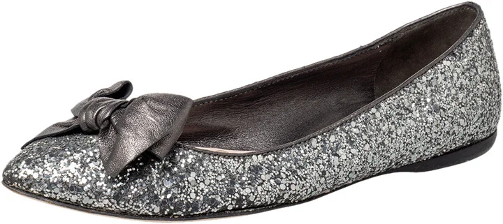 Miu Miu Metallic Grey Glitter Bow Ballet Flats Size 37