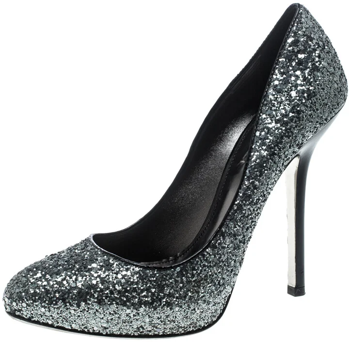 Miu Miu Metallic Silver Coarse Glitter Platform Pumps Size 39