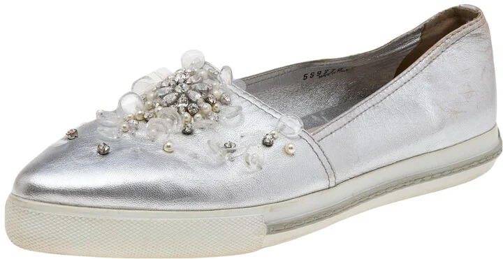 Miu Miu Metallic Silver Leather Embellished Pointed Toe Slip On Sneakers Size 40