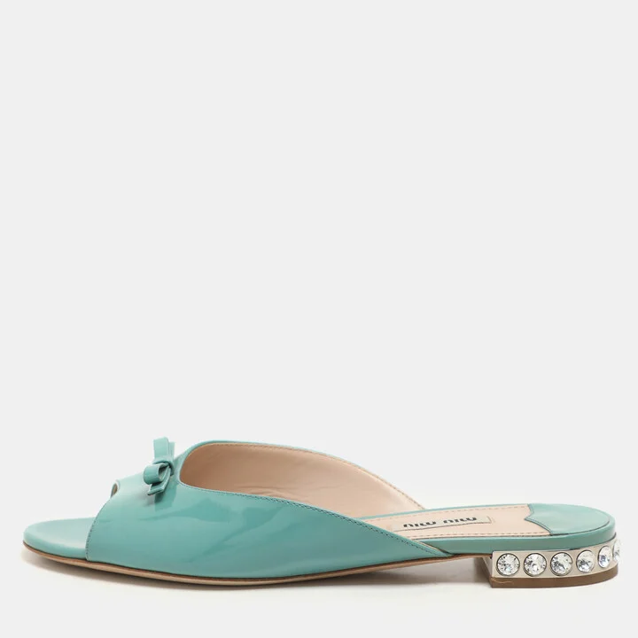 Miu Miu Mint Green Patent Leather Bow Crystal Embellished Heel Flat Slides Size 37