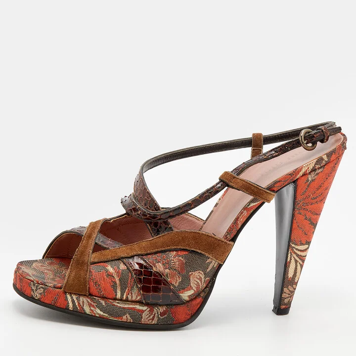 Miu Miu Multicolor Brocade And Python Strappy Slingback Sandals Size 39.5