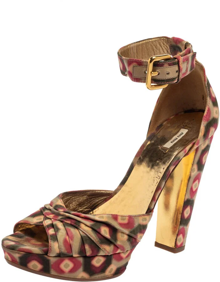 Miu Miu Multicolor Printed Fabric Ankle Strap Sandals Size 38.5