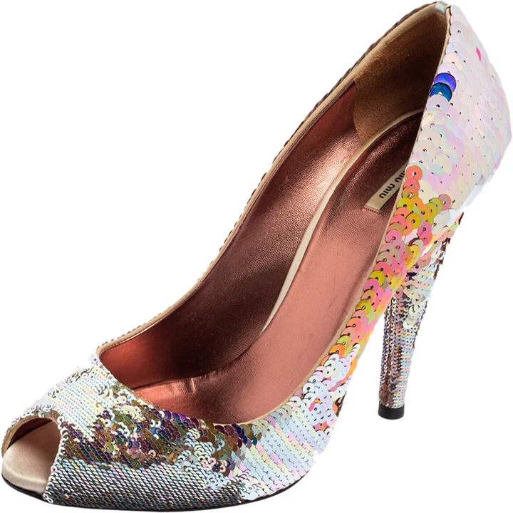 Miu Miu Multicolor Sequins Embellished Fabric Peep-Toe Pumps Size 40