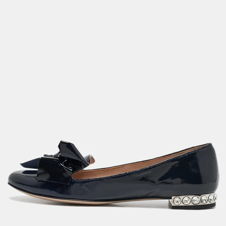 Miu Miu Navy Blue Patent Leather Bow Crystals Embellished Smoking Slippers Size 36