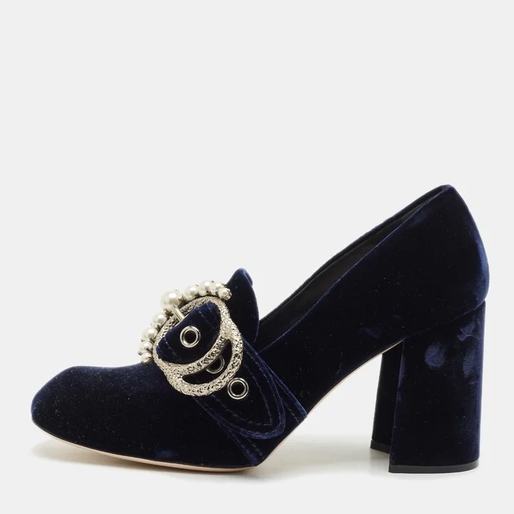 Miu Miu Navy Blue Velvet Pearl Embellished Block Heel Pumps Size 39