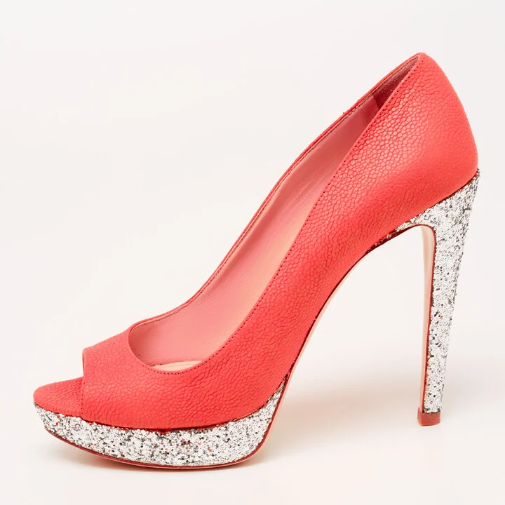 Miu Miu Neon Pink Leather And Glitter Peep Toe Platform Pumps Size 38.5