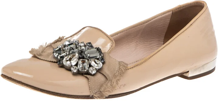 Miu Miu Nude Patent Leather Crystals Bow Ballet Flats Size 37