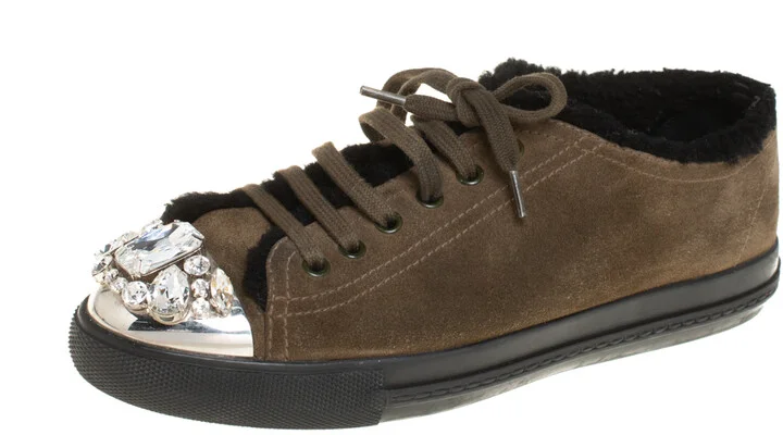 Miu Miu Olive Green Suede And Shearling Studded Cap Toe Sneakers Size 38