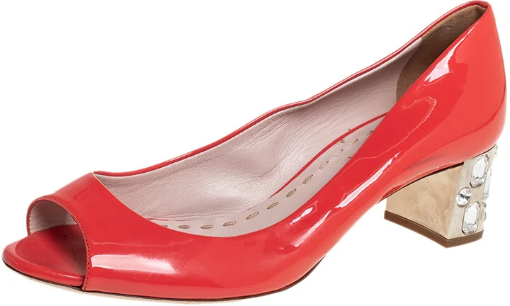 Miu Miu Orange Patent Leather Crystal Embellished Block Heel Peep Toe Pumps Size 38.5