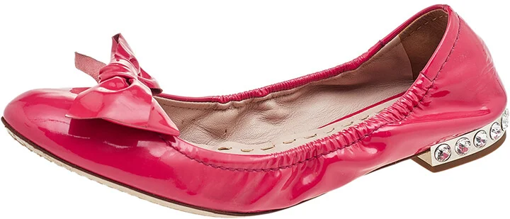 Miu Miu Pink Patent Leather Crystal Embellished Bow Ballet Flats Size 38