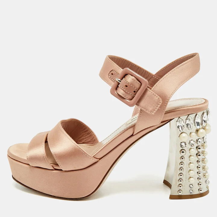 Miu Miu Pink Satin Crystal Embellished Heel Platform Sandals Size 35