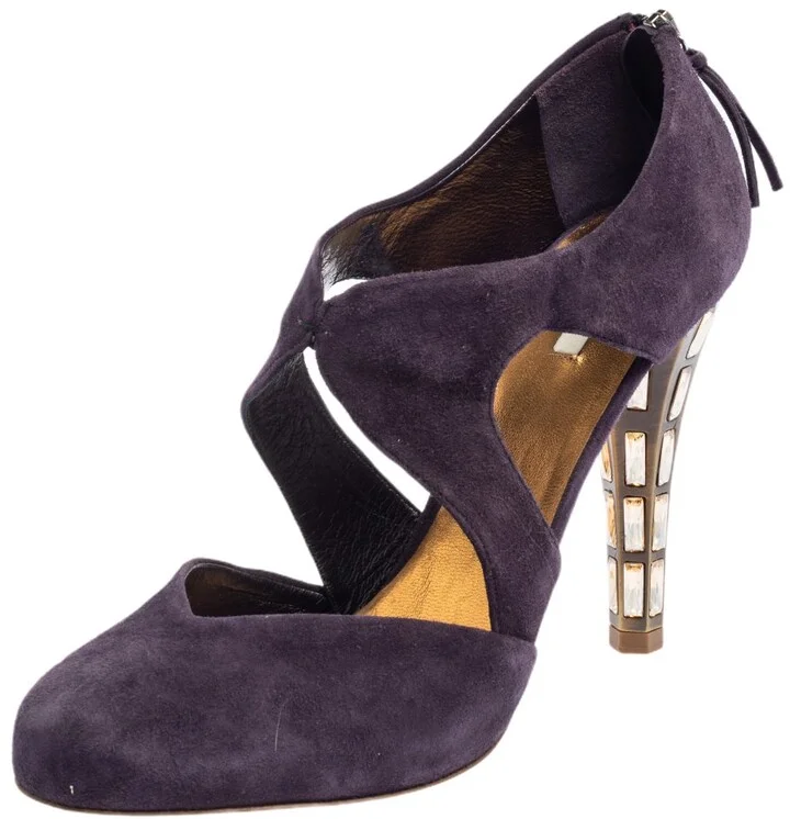 Miu Miu Purple Suede Cut Out Embellished Heel Round Toe Pumps Size 39.5