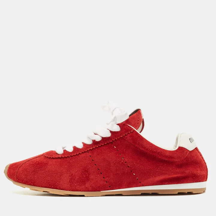 Miu Miu Red Leather and Suede Plume Lace Up Sneakers Size 39