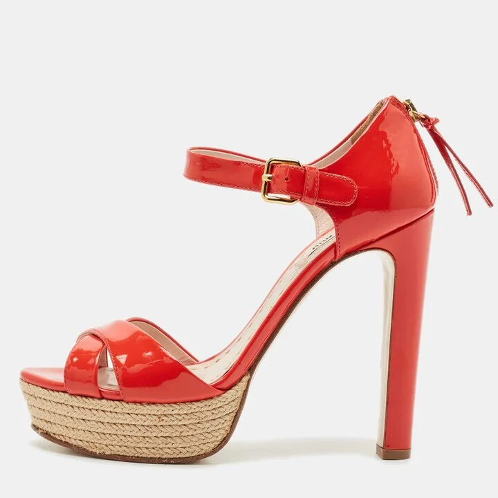 Miu Miu Red Patent Leather Platform Cross Strap Sandals Size 37