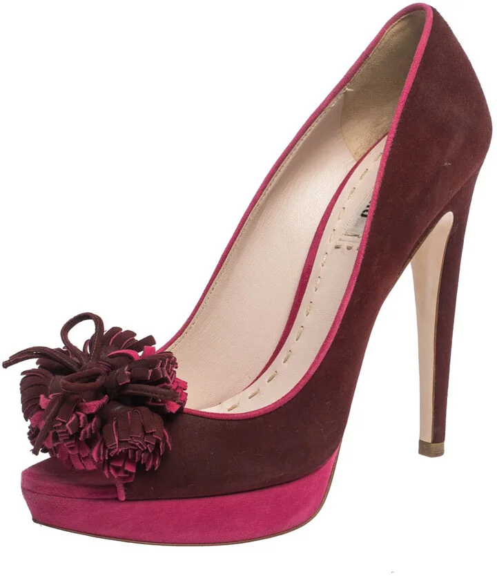 Miu Miu Red/Pink Suede Tassel Detail Peep Toe Platform Pumps Size 38.5
