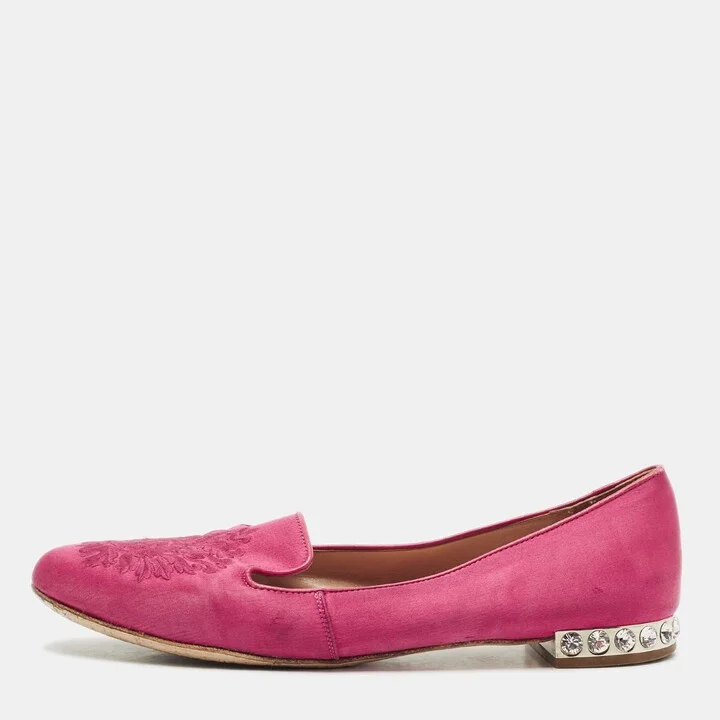 Miu Miu Red Satin Embroidered Velvet Crystal Embellished Smoking Slippers Size 37