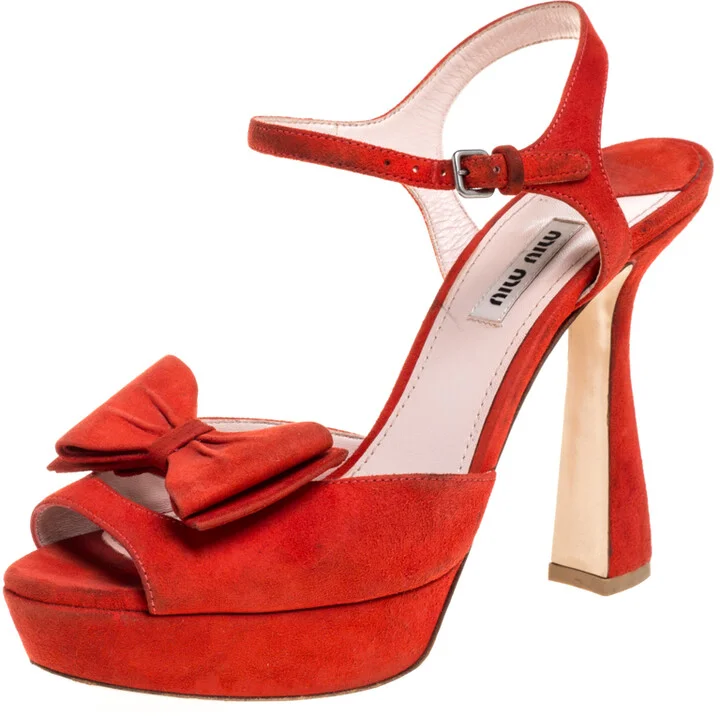 Miu Miu Red Suede Bow Ankle Strap Platform Sandals Size 39