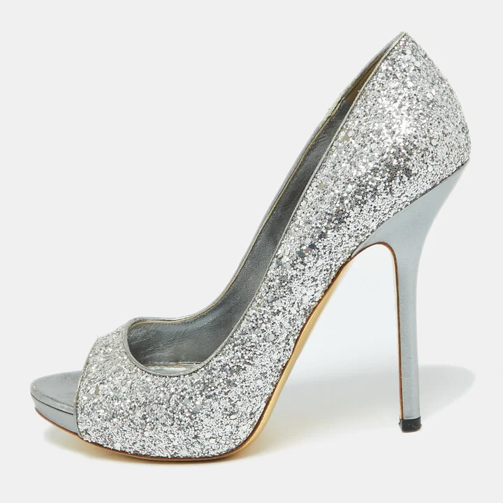 Miu Miu Silver Glitter and Leather Peep Toe Platform Pumps Size 41