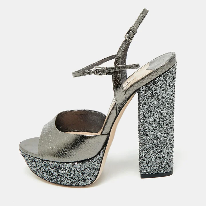 Miu Miu Silver Glitter and Snakeskin Embossed Leather Ankle Strap Sandals Size 36