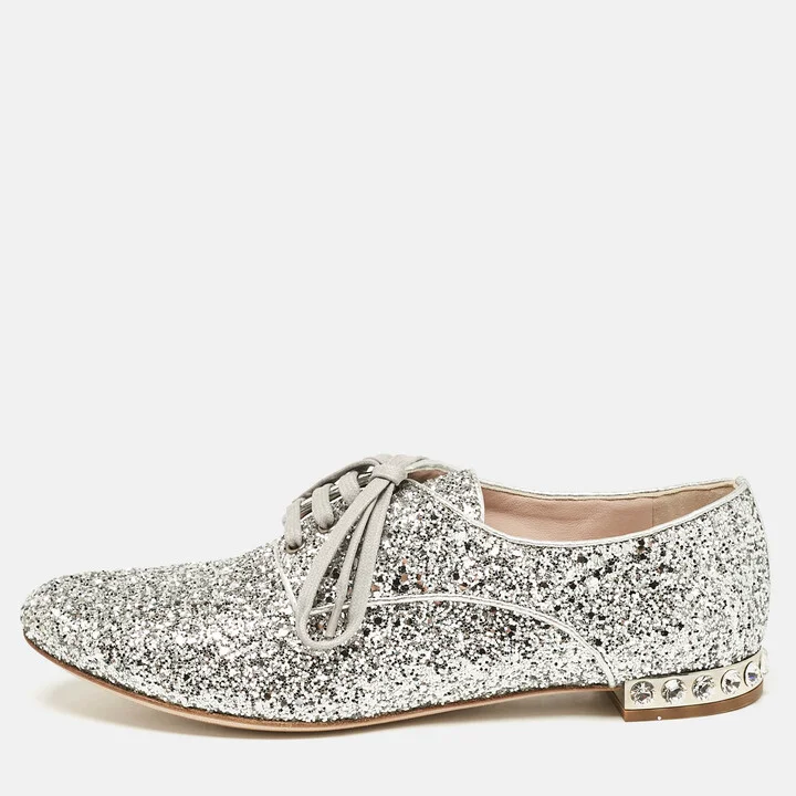Miu Miu Silver Glitter Crystal Embellished Heels Lace Up Derby Size 36