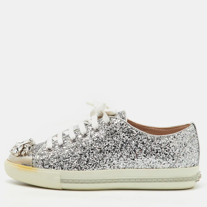 Miu Miu Silver Glitter Crystal Embellished Lace Up Sneakers Size 37.5