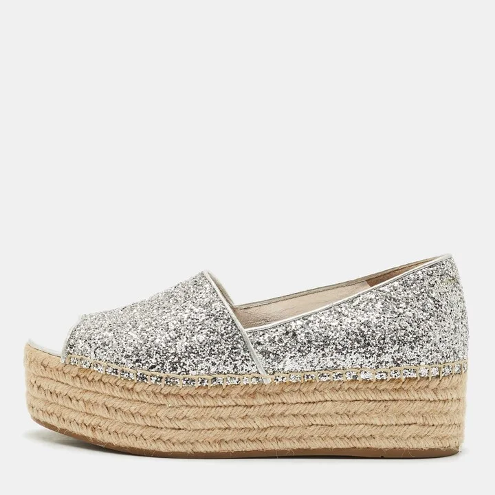 Miu Miu Silver Glitter Platform Espadrille Flats Size 39