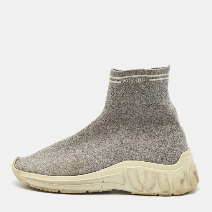 Miu Miu Silver Knit Lurex Fabric Sock Sneakers Size 38