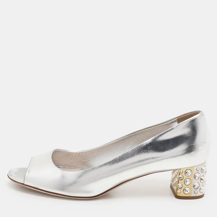 Miu Miu Silver Leather Crystal Embellished Block Heel Peep Toe Pumps Size 38.5
