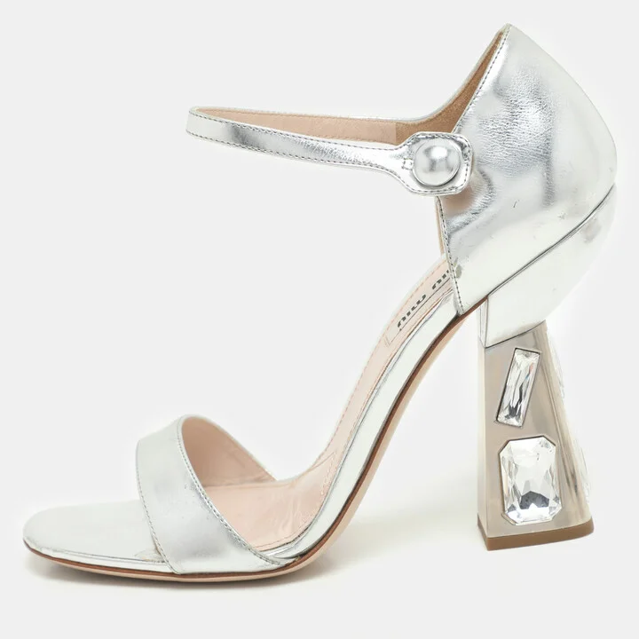 Miu Miu Silver Leather Crystal Embellished Heel Ankle Strap Sandals Size 38