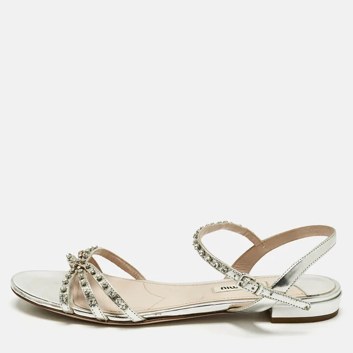Miu Miu Silver Patent Leather Crystals Embellished Flat Sandals Size 38.5