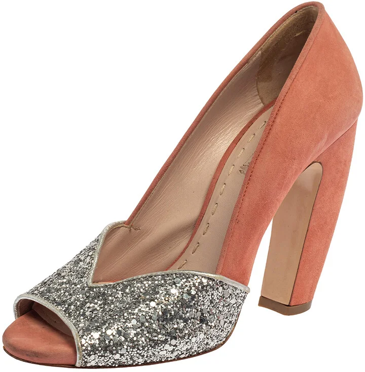 Miu Miu Silver/Pink Coarse Glitter and Suede Peep Toe Pumps Size 37