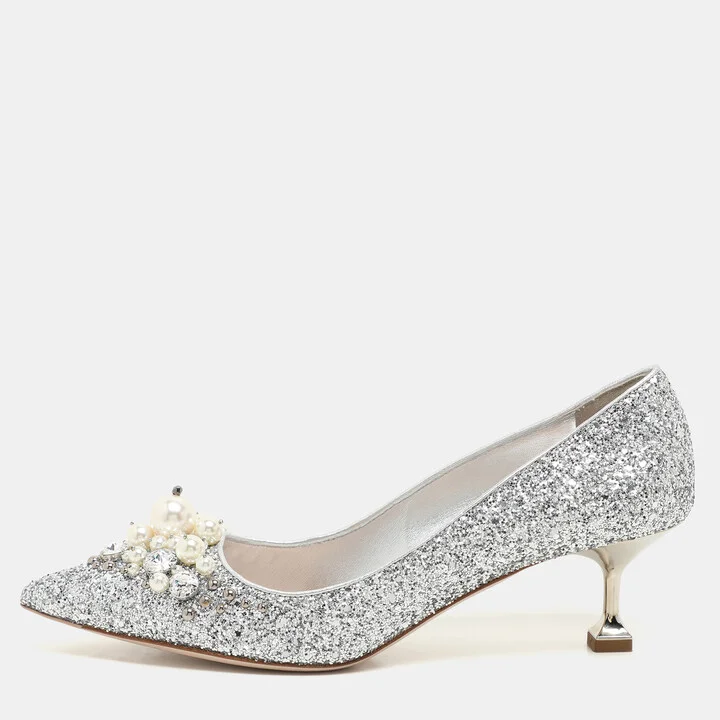 Miu Miu Silver Studded Glitter Crystal Embellished Pointed-Toe Pumps Size 38.5
