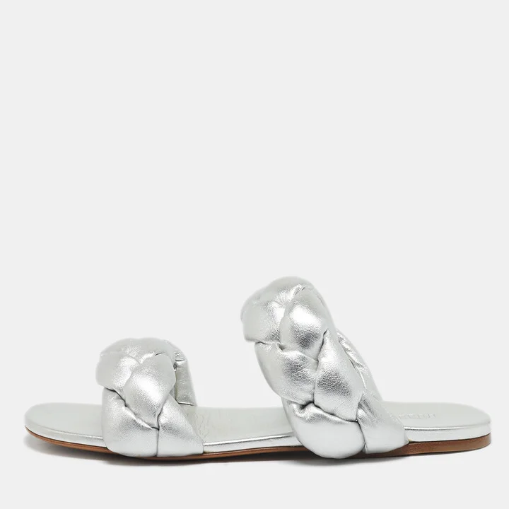 Miu Miu Silver Woven Leather Flat Sandals Size 38.5