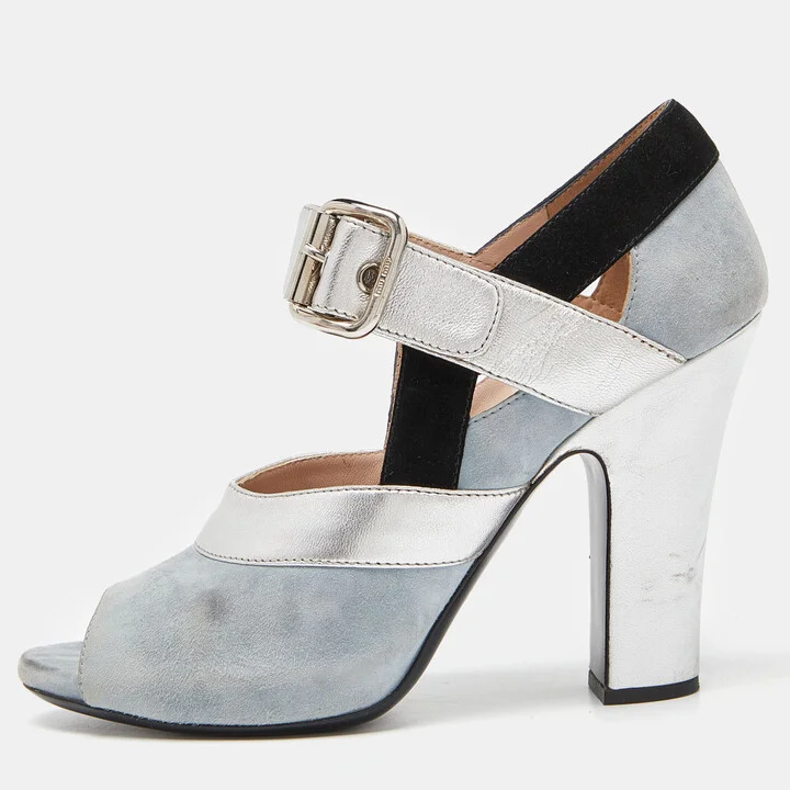 Miu Miu Tri Color Leather and Suede Bow Peep Toe Pumps Size 38