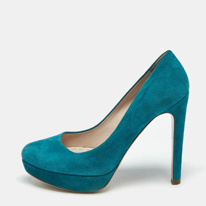 Miu Miu Turquoise Blue Suede Rounded Toe Platform Pumps Size 38