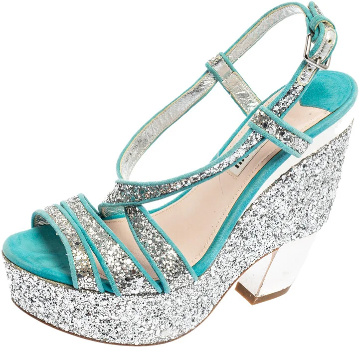 Miu Miu Turquoise Suede and Glitter Ankle Strap Platform Sandals Size 36