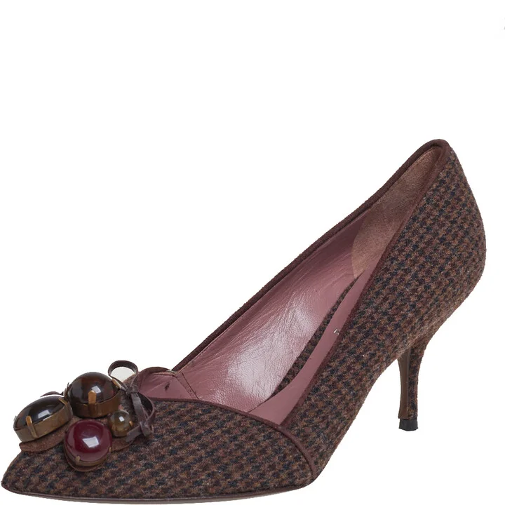 Miu Miu Vintage Brown Wool Houndstooth Enamel Embellished Work Pumps Size 36