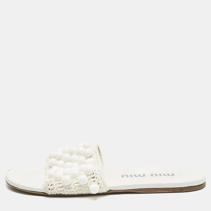 Miu Miu White Crochet Beaded Slide Flats Size 39