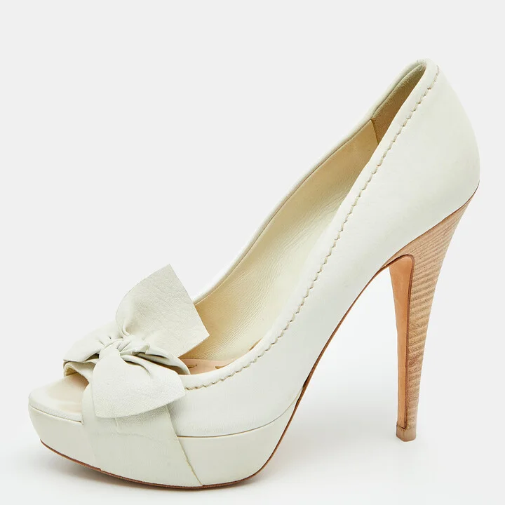 Miu Miu White Leather Bow Platform Pumps Size 37.5