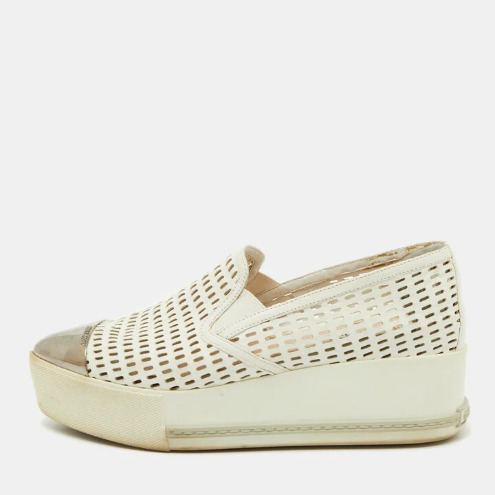 Miu Miu White Perforated Leather Metal Cap Toe Slip On Sneakers Size 37.5