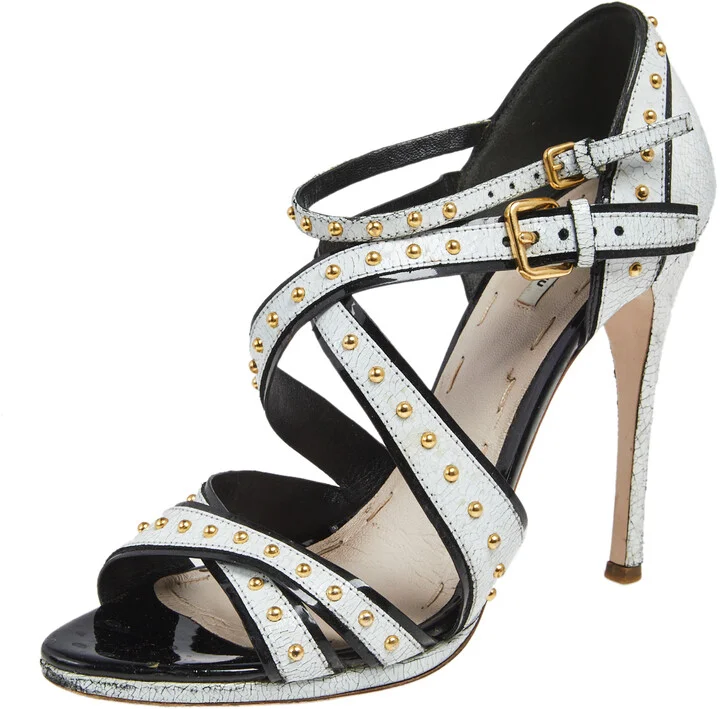 Miu Miu White Studded Crackled Leather Ankle-Strap Sandals Size 39